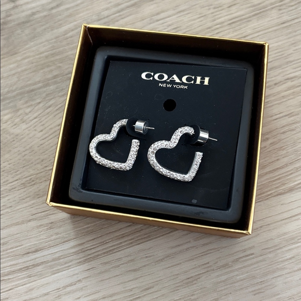 Coach Silver Heart Hoop Earrings with Sparkling Stones - Picture 2 of 4